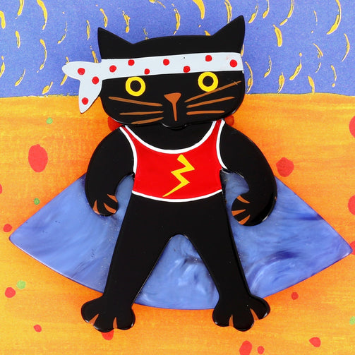 Black,red and blue Bandit Cat Brooch