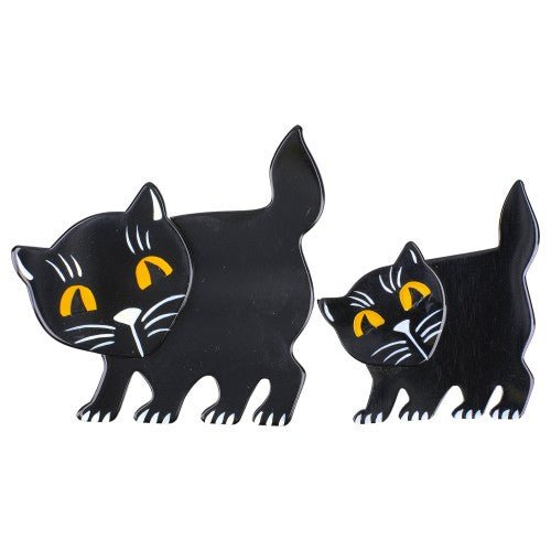 Black Amazed Cat Brooch (mother and kitten) - Galalith – Vintage Jewelry - handcrafted by Pavone by Pavone