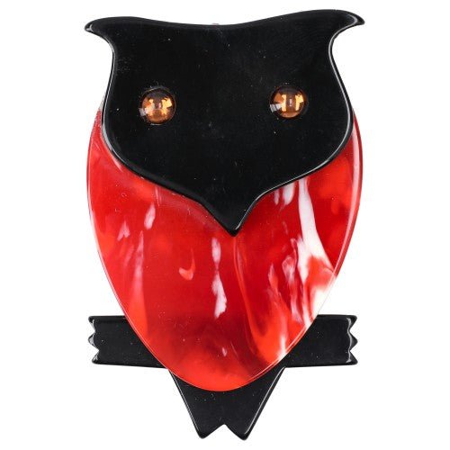 Black and Flame Red Owl Brooch - Galalith – Vintage Jewelry - handcrafted by Pavone by Pavone