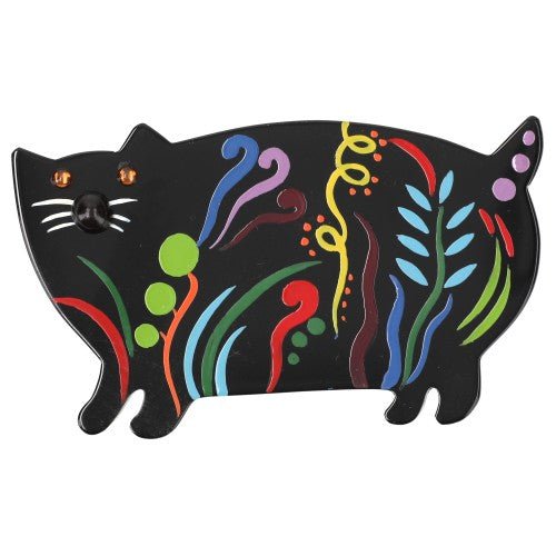 Black and Multicolor Decor Cat Brooch - Galalith – Vintage Jewelry - handcrafted by Pavone by Pavone