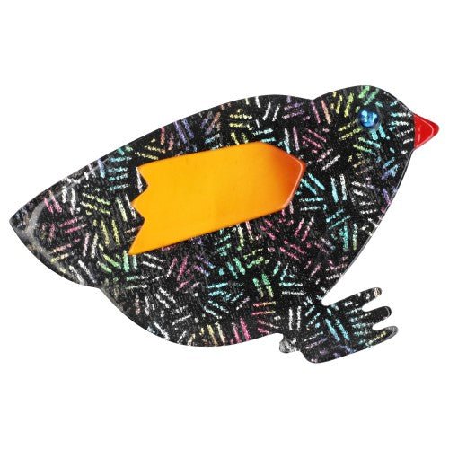 Black and Multicolored Glitters Hen Brooch With Yellow Wing - Galalith – Vintage Jewelry - handcrafted by Pavone by Pavone
