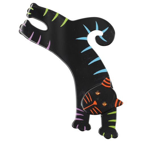 Black and Multicolored Stripes Jumpy Cat Brooch - Galalith – Vintage Jewelry - handcrafted by Pavone by Pavone