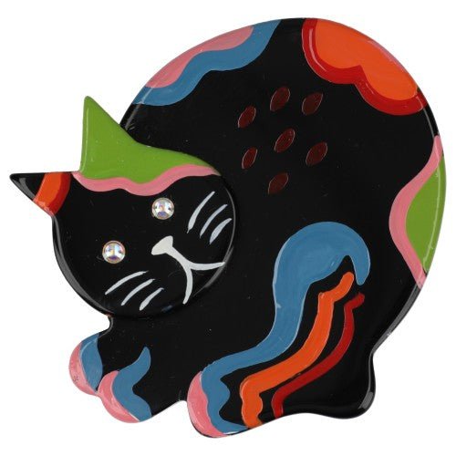 Black and Multicolored with Orange Sitting Cat Decor Brooch - Galalith – Vintage Jewelry - handcrafted by Pavone by Pavone