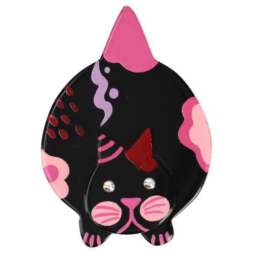 Black and Pink Decor Lurking Cat Decor Brooch - Galalith – Vintage Jewelry - handcrafted by Pavone by Pavone