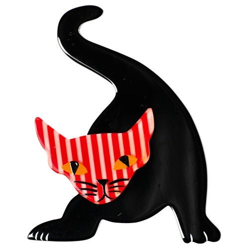 Black and Red Striped Mephisto Cat Brooch - Galalith – Vintage Jewelry - handcrafted by Pavone by Pavone