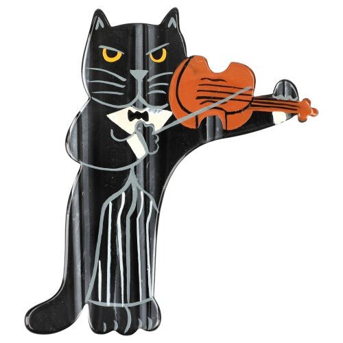 Black and Silver Grey Violinist Cat Brooch - Galalith – Vintage Jewelry - handcrafted by Pavone by Pavone