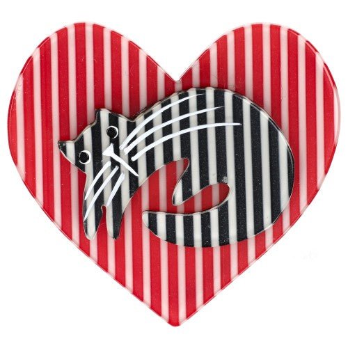 Black and White Striped Cat on Red and White Striped Heart Brooch (middle size) - Galalith – Vintage Jewelry - handcrafted by Pavone by Pavone