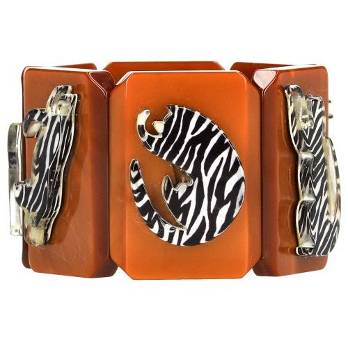 Black and White Zebra Cat Silhouette on Ginger Brown Bracelet - Galalith – Vintage Jewelry - handcrafted by Pavone by Pavone