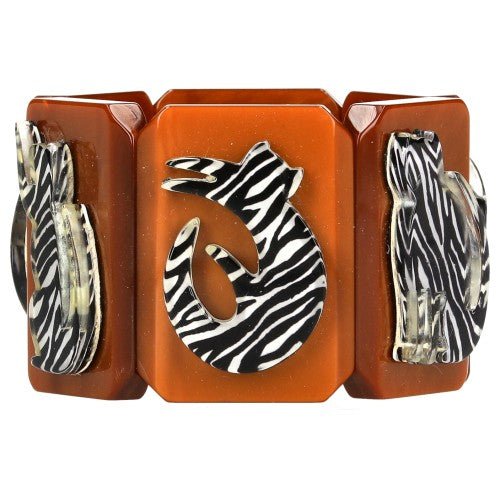 Black and White Zebra Cat Silhouette on Ginger Brown Bracelet - Galalith – Vintage Jewelry - handcrafted by Pavone by Pavone