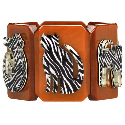 Black and White Zebra Cat Silhouette on Ginger Brown Bracelet - Galalith – Vintage Jewelry - handcrafted by Pavone by Pavone