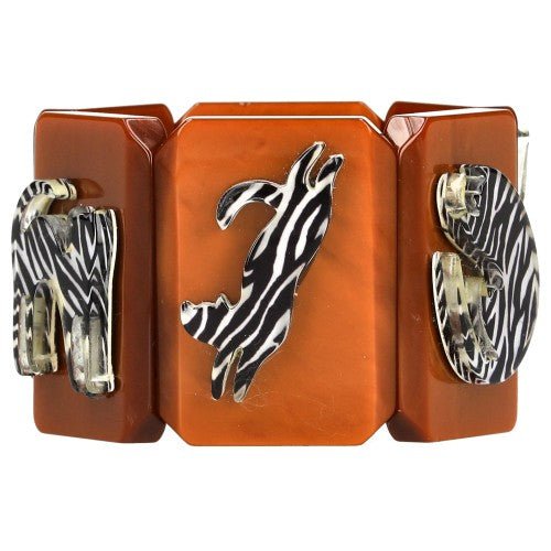 Black and White Zebra Cat Silhouette on Ginger Brown Bracelet - Galalith – Vintage Jewelry - handcrafted by Pavone by Pavone