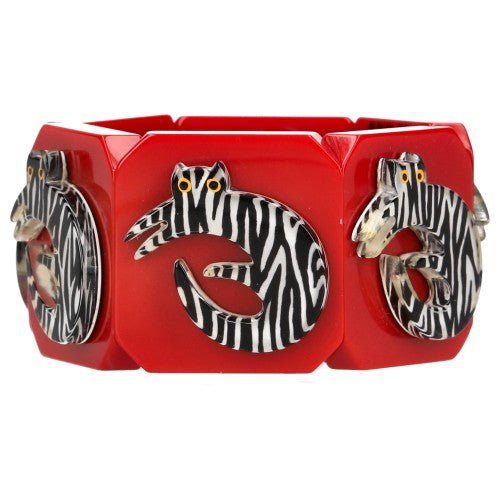 Black and White Zebra Lying Cat on Red Bracelet - Galalith – Vintage Jewelry - handcrafted by Pavone by Pavone