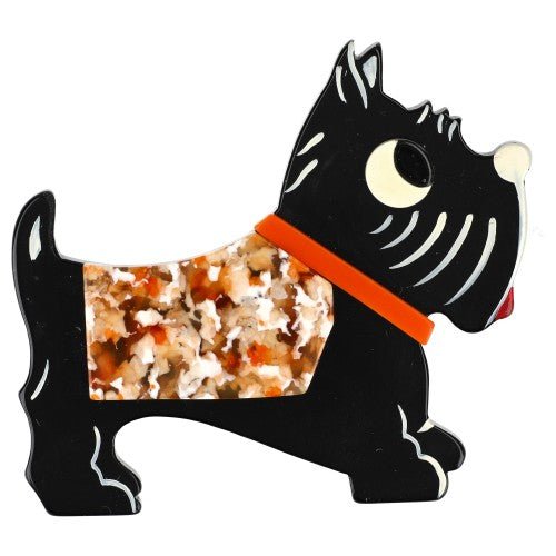 Black, Beige and Orange Coat, Orange Collar Jano Dog Brooch - Galalith – Vintage Jewelry - handcrafted by Pavone by Pavone