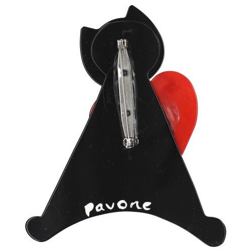 Black Bibicat Cat Brooch with a Red Heart - Galalith – Vintage Jewelry - handcrafted by Pavone by Pavone