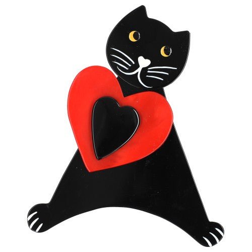 Black Bibicat Cat Brooch with a Red Heart - Galalith – Vintage Jewelry - handcrafted by Pavone by Pavone