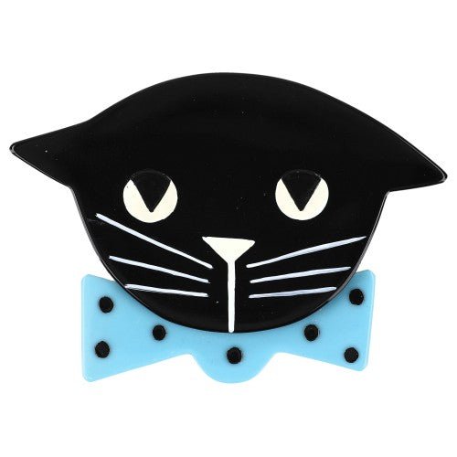 Black Bow Tie Cat Brooch wearing a Aquamarine Blue Bow Tie with Blue Polka Dots - Galalith – Vintage Jewelry - handcrafted by Pavone by Pavone