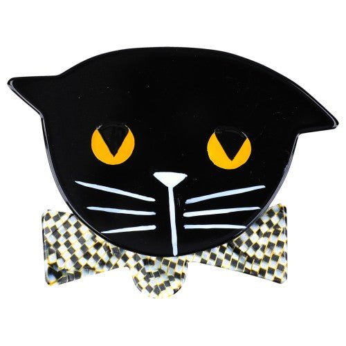 Black Bow Tie Cat Brooch wearing a black and white Checkered Bow Tie - Galalith – Vintage Jewelry - handcrafted by Pavone by Pavone