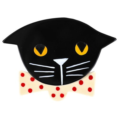 Black Bow Tie Cat Brooch wearing a White Bow Tie with Red Polka Dots - Galalith – Vintage Jewelry - handcrafted by Pavone by Pavone