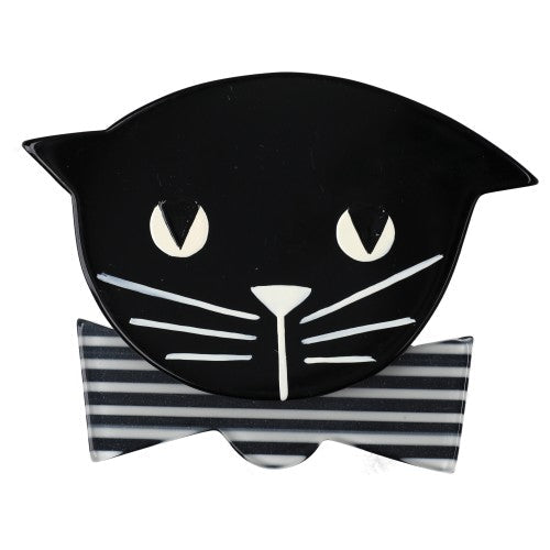 Black Bow Tie Cat Brooch with Vertical Black and White Striped Bow - Galalith – Vintage Jewelry - handcrafted by Pavone by Pavone