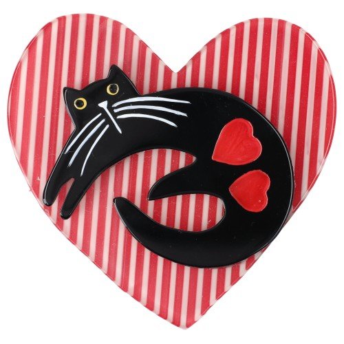 Black Cat on Striped Red Heart Brooch - Galalith – Vintage Jewelry - handcrafted by Pavone by Pavone