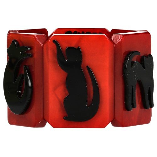 Black Cat Silhouette on Red Bracelet - Galalith – Vintage Jewelry - handcrafted by Pavone by Pavone
