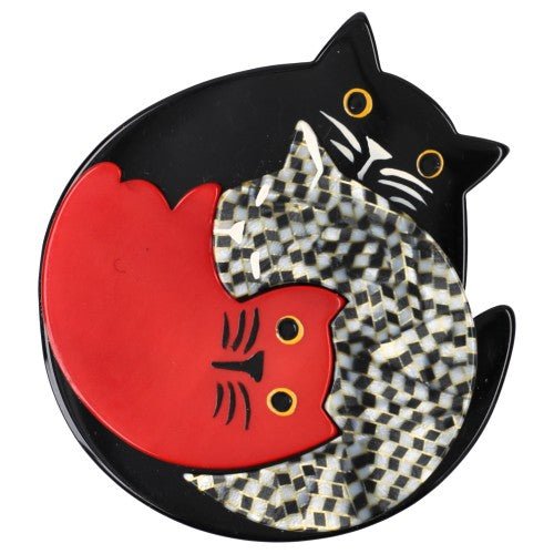 Black, Checkers and Red Puzzle Cat Brooch - Galalith – Vintage Jewelry - handcrafted by Pavone by Pavone