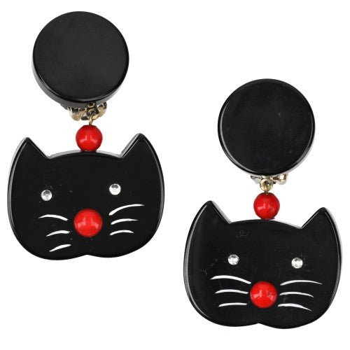 Black Dancing Cat Head Earrings - Galalith – Vintage Jewelry - handcrafted by Pavone by Pavone