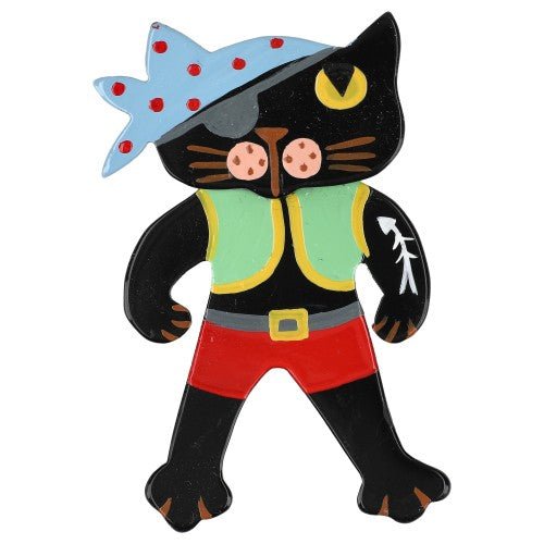 Black Pirate Cat Brooch with Almond Green, Blue and Red (Little Size) - Galalith – Vintage Jewelry - handcrafted by Pavone by Pavone