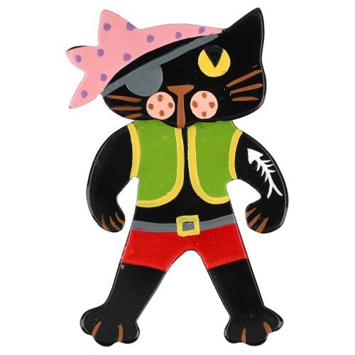 Black Pirate Cat Brooch with Anise Green, Pink and Red (Little Size) - Galalith – Vintage Jewelry - handcrafted by Pavone by Pavone