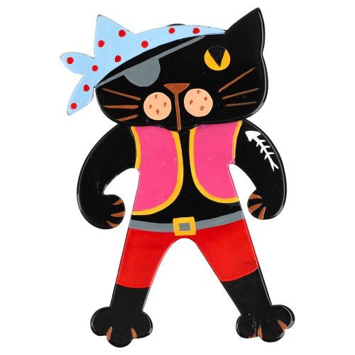 Black Pirate Cat Brooch with Azur Blue, Candy Pink and Red (large size) - Galalith – Vintage Jewelry - handcrafted by Pavone by Pavone