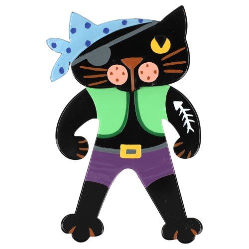 Black Pirate Cat Brooch with Azur Blue, Green and Purple (large size) - Galalith – Vintage Jewelry - handcrafted by Pavone by Pavone