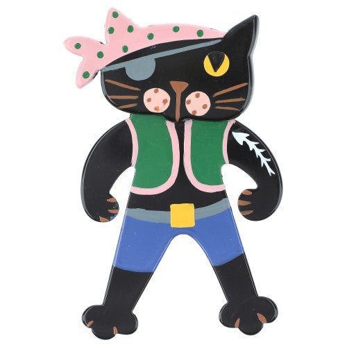 Black Pirate Cat Brooch with Green Blue and Pink (Mittle one) - Galalith – Vintage Jewelry - handcrafted by Pavone by Pavone