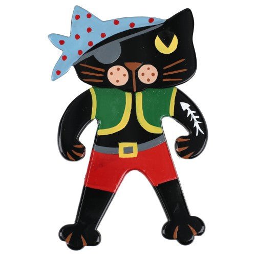 Black Pirate Cat Brooch with Green Red and Blue (large one) - Galalith – Vintage Jewelry - handcrafted by Pavone by Pavone
