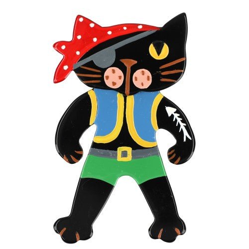 Black Pirate Cat Brooch with Red, Blue and Green (large size) - Galalith – Vintage Jewelry - handcrafted by Pavone by Pavone