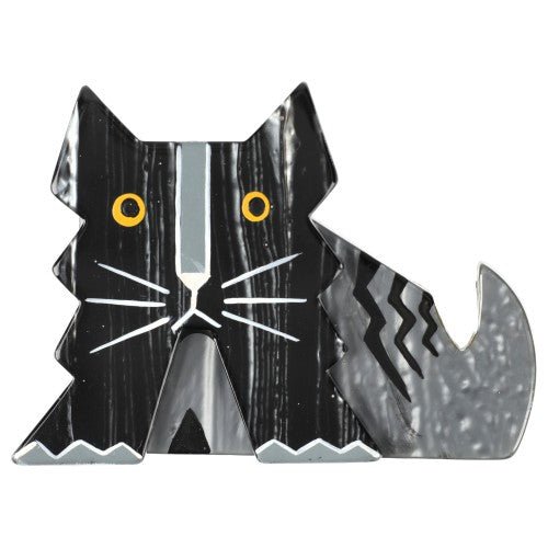 Black - Silver Grey and Pearly Grey Deco Cat Brooch - Galalith – Vintage Jewelry - handcrafted by Pavone by Pavone