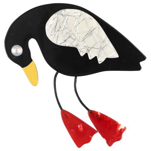 Black, White with Siver Glitter Twisty Bird Brooch with Red Feet - Galalith – Vintage Jewelry - handcrafted by Pavone by Pavone