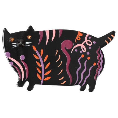 Black with Purple, Pink, Orange, Lilac Decor Cat Brooch - Galalith – Vintage Jewelry - handcrafted by Pavone by Pavone