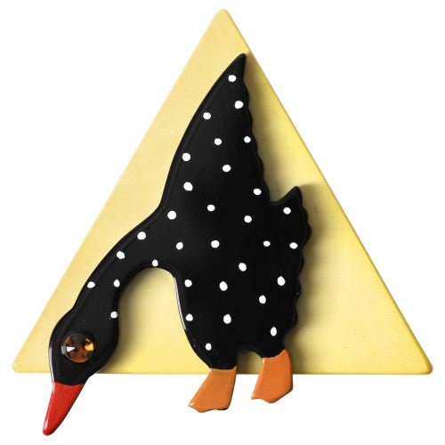 Black With White Dots Wild Goose Brooch on Yellow Triangle - Galalith – Vintage Jewelry - handcrafted by Pavone by Pavone