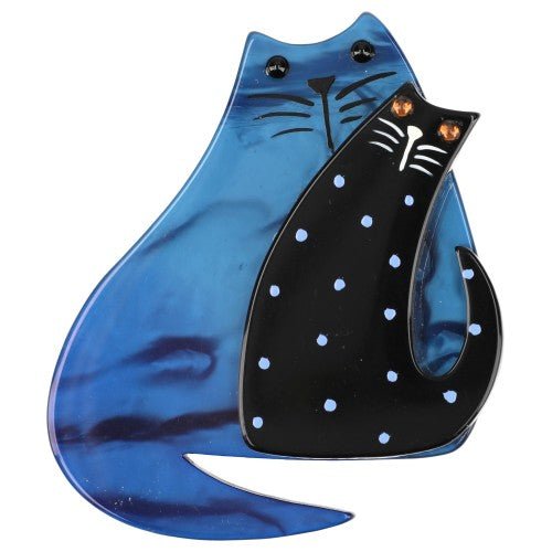 Blue and Black with Polka Dots Cat Couple Brooch - Galalith – Vintage Jewelry - handcrafted by Pavone by Pavone
