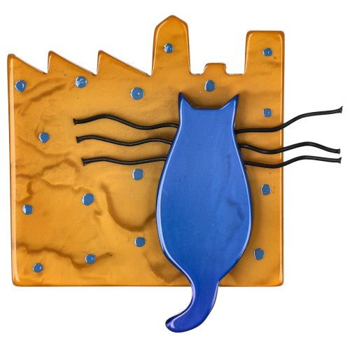 Blue and Ocher Yellow City Cat Brooch - Galalith – Vintage Jewelry - handcrafted by Pavone by Pavone