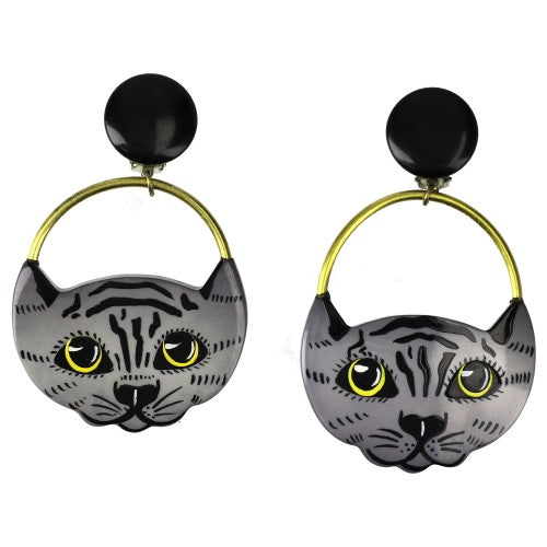 Light Grey Tomcat Head  Earrings (unique, antique and exceptional piece) 