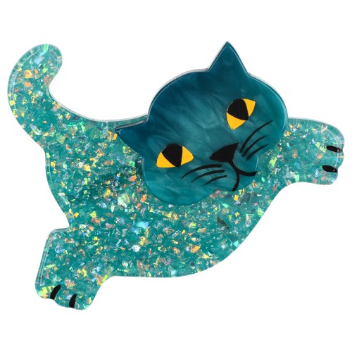 Turquoise and Brilliant Turquoise Leaping Cat Brooch