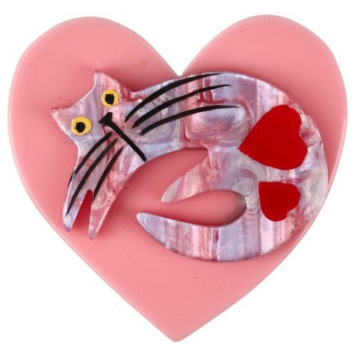 Boreal Pink Cat on Pink Heart Brooch (small size) - Galalith – Vintage Jewelry - handcrafted by Pavone by Pavone