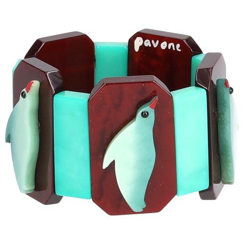Lagoon Green and Burgundy Red Penguin Bracelet - Galalith – Vintage Jewelry - handcrafted by Pavone by Pavone