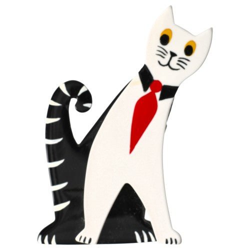 White and Black Tie Cat with a Red Tie - Galalith – Vintage Jewelry - handcrafted by Pavone by Pavone