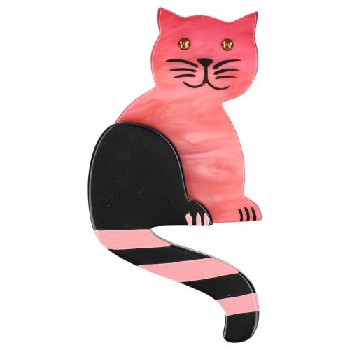 Bright Pink Striped Tail Cat Brooch - Galalith – Vintage Jewelry - handcrafted by Pavone by Pavone