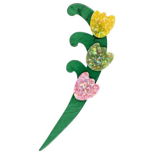 Brillant Yellow, Green, Pink and and Malachite Green Single Lily of The Valley Brooch - Galalith – Vintage Jewelry - handcrafted by Pavone by Pavone