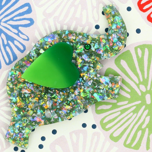 Glittering Almond green Elephant Heart  Brooch  with a light green ear