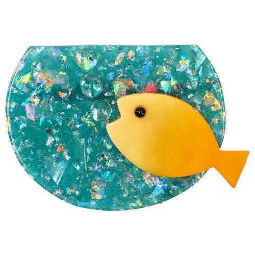 Brilliant Turquoise Blue Aquarium Brooch with a Yellow Fish - Galalith – Vintage Jewelry - handcrafted by Pavone by Pavone
