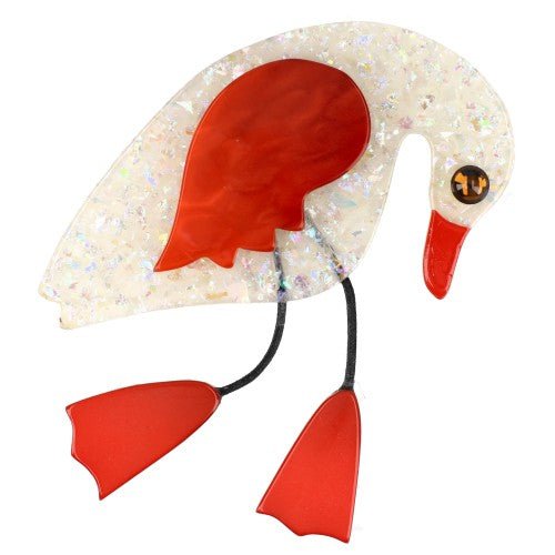 Brilliant White and Red Twisty Bird Brooch with Yellow Eye - Galalith – Vintage Jewelry - handcrafted by Pavone by Pavone